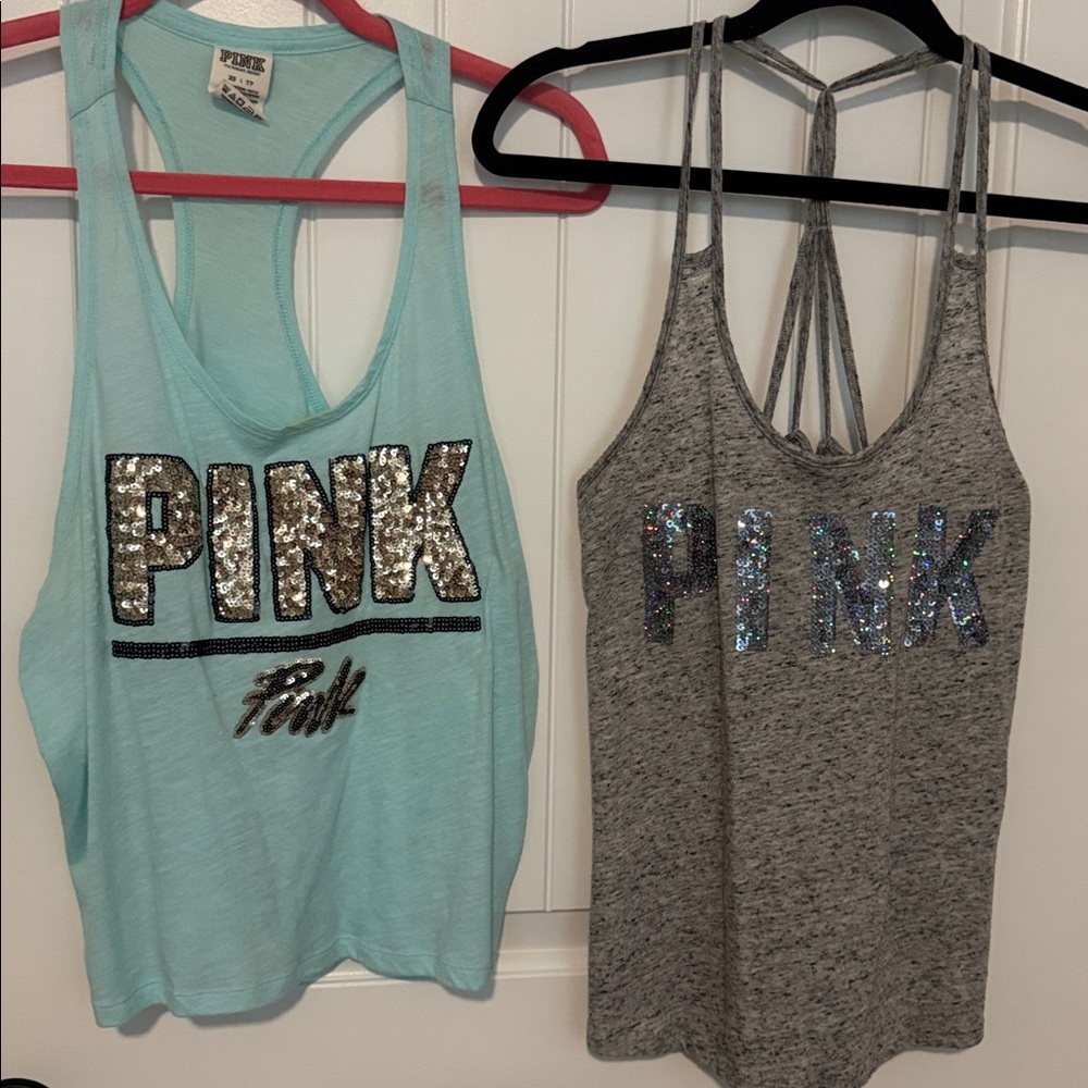 Victoria’s Secret PINK Sequin Logo Tank Tops SET OF 2 sz XS